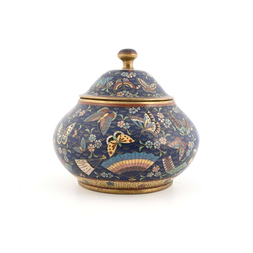 427 - An Oriental cloisonne enamel koro, ovoid form with cover, blue ground decorated with butterflies and... 