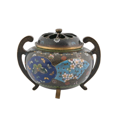 428 - An Oriental cloisonne enamelled koro, with reticulated pierced lid