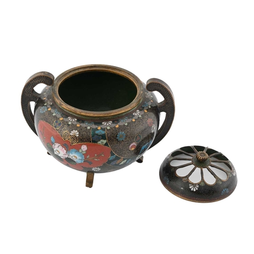 428 - An Oriental cloisonne enamelled koro, with reticulated pierced lid