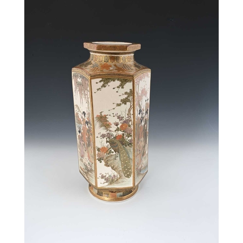 429 - A large Japanese Satsuma vase, hexagonal section shouldered form, painted with alternating panels of... 