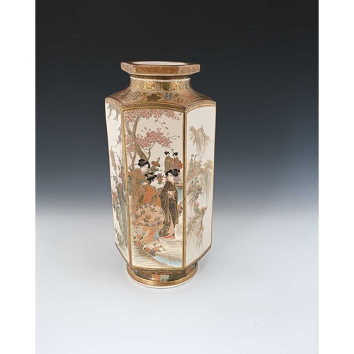 429 - A large Japanese Satsuma vase, hexagonal section shouldered form, painted with alternating panels of... 