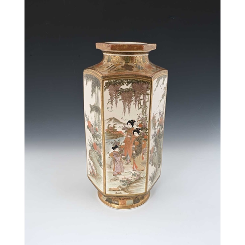 429 - A large Japanese Satsuma vase, hexagonal section shouldered form, painted with alternating panels of... 