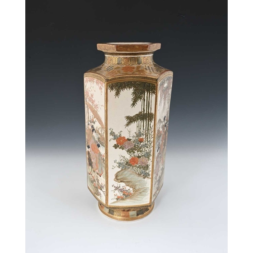 429 - A large Japanese Satsuma vase, hexagonal section shouldered form, painted with alternating panels of... 