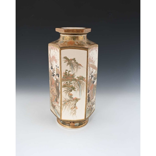 429 - A large Japanese Satsuma vase, hexagonal section shouldered form, painted with alternating panels of... 