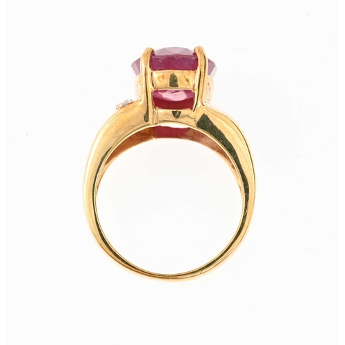 43 - An 18ct gold ruby single-stone dress ring, with brilliant-cut diamond line side, ruby estimated weig... 