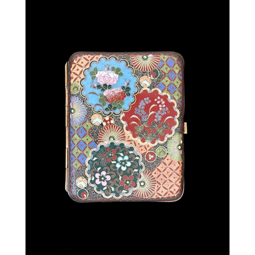 433 - A Japanese cloisonne cigarette case, intersecting floral roundels on a geometric patchwork ground, b... 