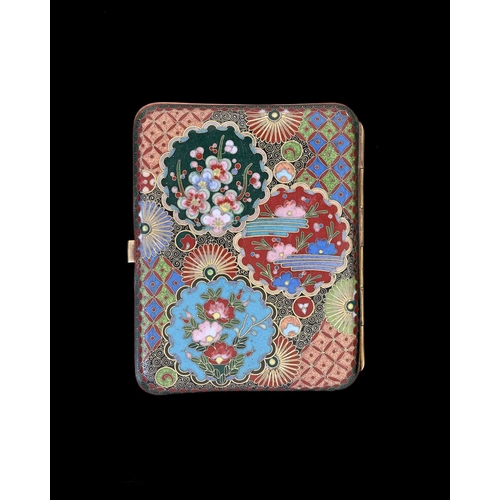 433 - A Japanese cloisonne cigarette case, intersecting floral roundels on a geometric patchwork ground, b... 