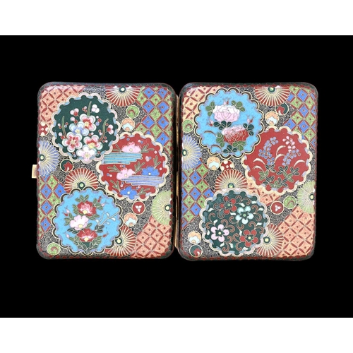 433 - A Japanese cloisonne cigarette case, intersecting floral roundels on a geometric patchwork ground, b... 