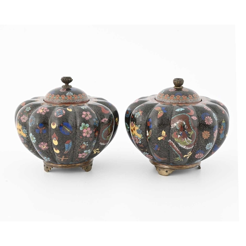 435 - A pair of Oriental cloisonne enamelled koros, squat lobed melon form with handles and bracket feet (... 