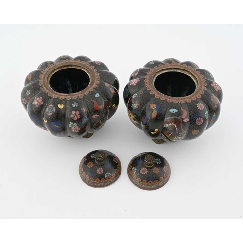 435 - A pair of Oriental cloisonne enamelled koros, squat lobed melon form with handles and bracket feet (... 