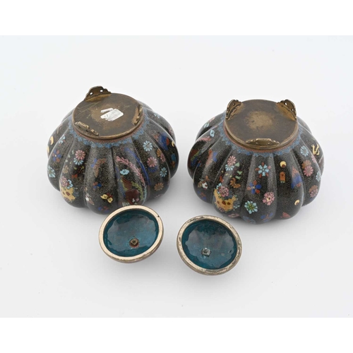 435 - A pair of Oriental cloisonne enamelled koros, squat lobed melon form with handles and bracket feet (... 