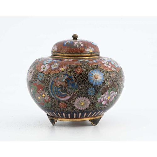 436 - A Chinese cloisonne koro, ovoid form with cover, decorated with chrysanthemums and peonies on a red ... 