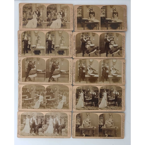 445 - A series of ten Underwood & Underwood stereo cards, risque and comical subjects, mounted on pink car... 