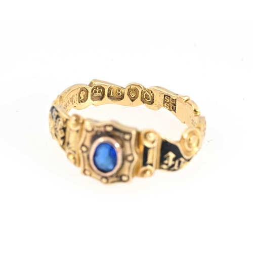 47 - An early Victorian 18ct gold blue gem mourning ring, the scrolling band with In Memory Of script, th... 