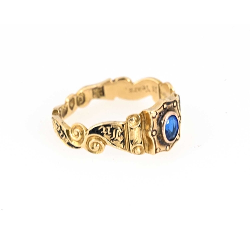 47 - An early Victorian 18ct gold blue gem mourning ring, the scrolling band with In Memory Of script, th... 