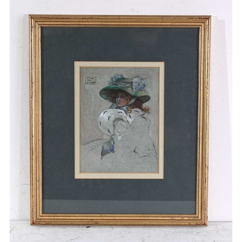 496 - Ethel Larcombe (British, 1876-1940), illustration of a young lady wearing a broad-rimmed hat and muf... 