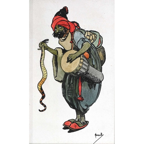 499 - John Hassall (British, 1868-1940), Snake Charmer, signed l.r., pen and ink, 24 by 14.5cm, framed