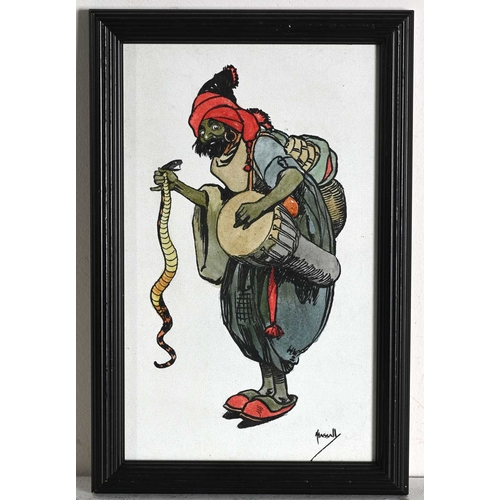 499 - John Hassall (British, 1868-1940), Snake Charmer, signed l.r., pen and ink, 24 by 14.5cm, framed