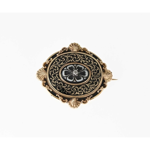 50 - A mid Victorian gold, carved agate and black enamel mourning brooch, with old-cut diamond central hi... 