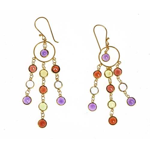 51 - A pair of peridot, amethyst, garnet and blue topaz chandelier drop earrings, length 5.6cm, 2.5g