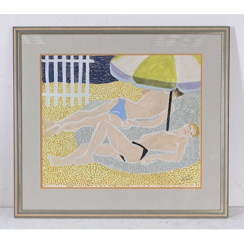 512 - Louis Dussour (French, 1905-1986), Deux Messieurs sur la Plage, signed l.r., gouache, 38 by 45cm, fr... 