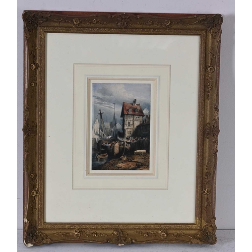 515 - After David Roberts, figures in a continental harbour, watercolor, 18 by 12cm, gilt frame