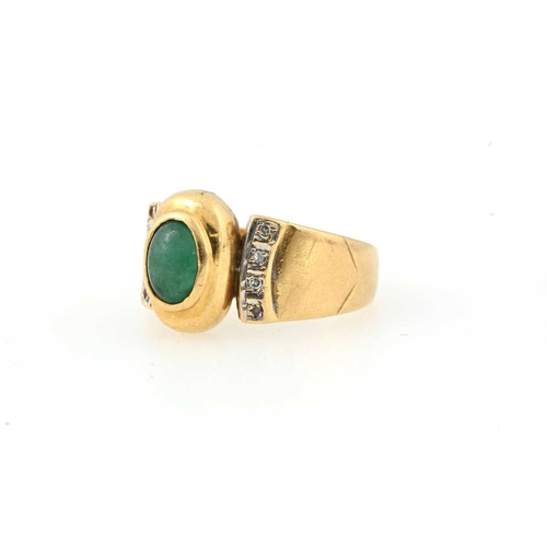 54 - An 18ct gold emerald cabochon dress ring, with single-cut diamond line sides and tapered band, hallm... 