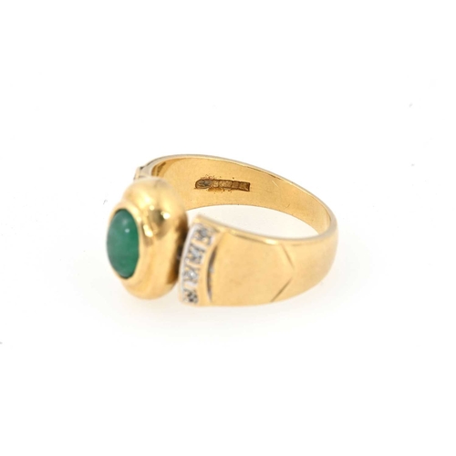 54 - An 18ct gold emerald cabochon dress ring, with single-cut diamond line sides and tapered band, hallm... 