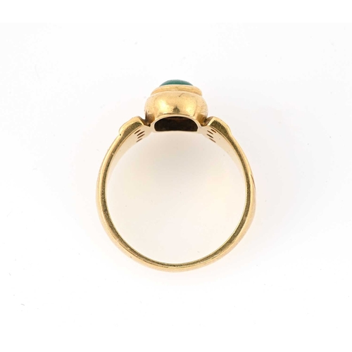 54 - An 18ct gold emerald cabochon dress ring, with single-cut diamond line sides and tapered band, hallm... 