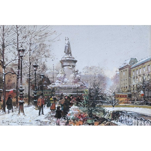 547 - Eugene Galien-Laloue (French, 1854 -1941), Winter Flower Market at the Place de la Republique, Paris... 