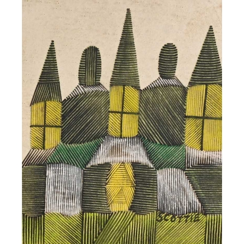 553 - Scottie Wilson (Scottish, 1888-1972), Castle, signed l.r., ink, watercolour, 16 by 14cm, framed. Not... 