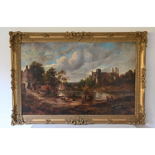 562 - British School, 19th Century, an expansive river landscape with a ruin, fishing boats, and fisher fo... 