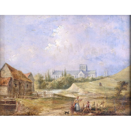 563 - Alfred Vickers (British, 1786-1868), Figures Besides a Farm, Winchester Cathedral beyond, titled ver... 