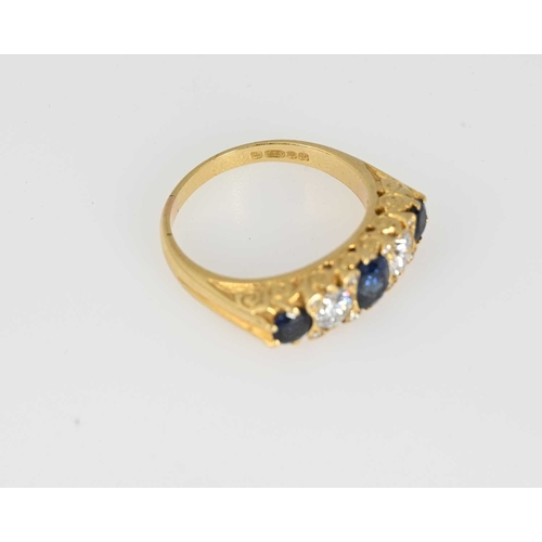 57 - An 18ct gold sapphire and brilliant-cut diamond five-stone ring, with single-cut diamond double spac... 