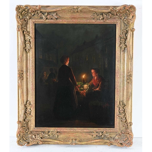 571 - Circle of Johannes Rosierse, Market Trader by Candlelight, oil on panel, 44 by 34cm, gilt frame