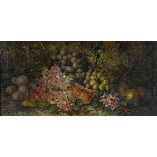 572 - Vincent Clare (British, 1855-1930), still life of grapes in a basket, flowers and other fruit on a m... 