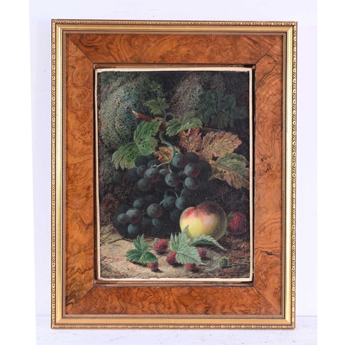 573 - Oliver Clare (British, 1853-1927), still life of grapes, raspberries, a strawberry, and an apple on ... 