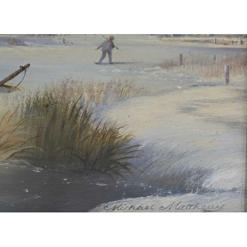 583 - Michael Matthews (British, 1933-1995), a Dutch winter landscape with figures and fishing boats on a ... 