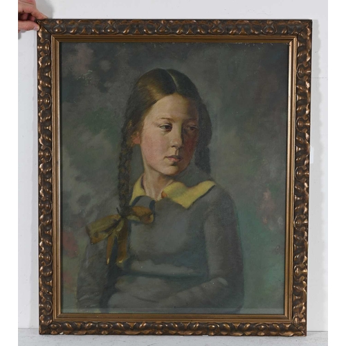 584 - British School, mid-20th Century, portrait of a young, girl, half-length wearing a blue jump with ha... 