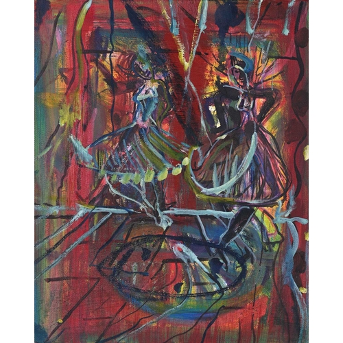 586 - Martin Fuller (British, 1943), abstract composition with two dancers, oil on canvas, 51 by 40cm, fra... 