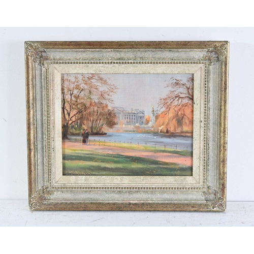 587 - P..Richardson (British, 20th Century), Buckingham Palace from St James Park, signed l.l., titled ver... 