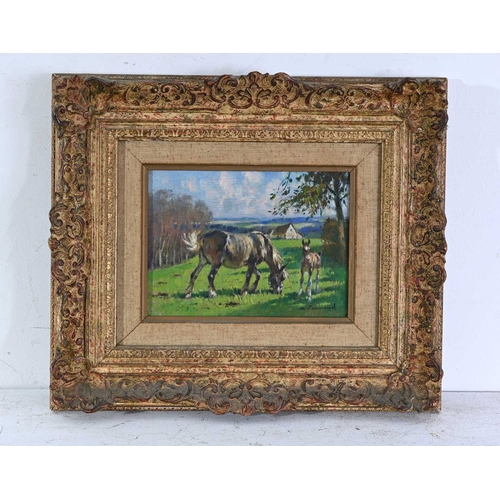 588 - British School, 20th Century, a mare and foal in a field, indistinctly signed l.r., oil on board, 15... 