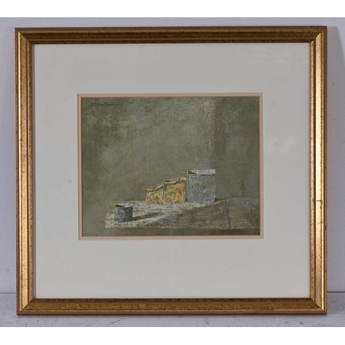 597 - Don Farrell (Canadian, 1942), Pot & Box, signed u.l., titled verso, mixed media, 19 by 24cm, framed