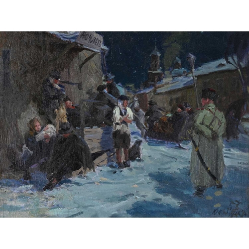 608 - Yuri Amvrosevich Knyazev (Russian, 1927), a snowy townscape with a soldier and people, signed l.r., ... 