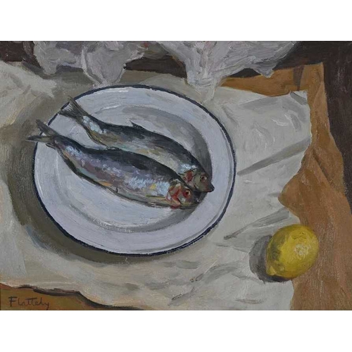 609 - Alastair Flattely (Scottish, 1922-2009), still life with fish and lemon, signed l.l., oil on canvas,... 