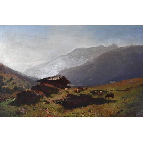 611 - Frederick Zimmerman (20th Century), an Alpine landscape with cattle and a hut, signed l.l., oil on c... 