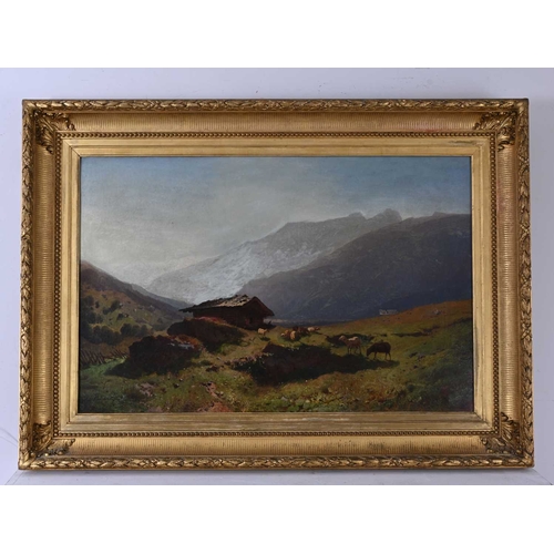 611 - Frederick Zimmerman (20th Century), an Alpine landscape with cattle and a hut, signed l.l., oil on c... 