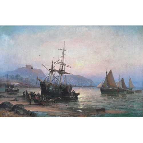 612 - Hubert Thornley (British, act.1858-1898), fisherfolk unloading their catch, St. Michael's Mount beyo... 