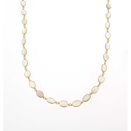 62 - A 14ct gold moonstone cabochon line necklace, with S hook clasp, stamped 585, length 60cm, 9.7g