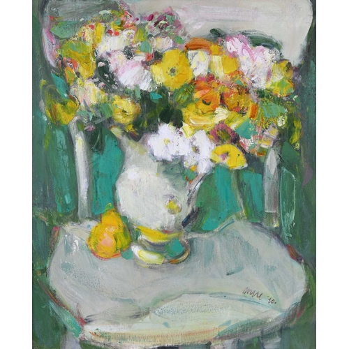 621 - Gordon Bryce R.S.A. R.S.W. (Scottish. 1943), Flowers on a White Chair, signed and dated 1990 l.r., t... 